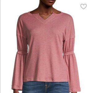 Baea Womens Blush Waffle Knit Thermal Flare Tiered Bell Sleeve Blouse